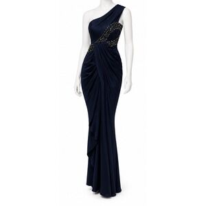 NWT Mandalay Navy Blue Beaded One Shoulder Formal Evening Gown Size 2